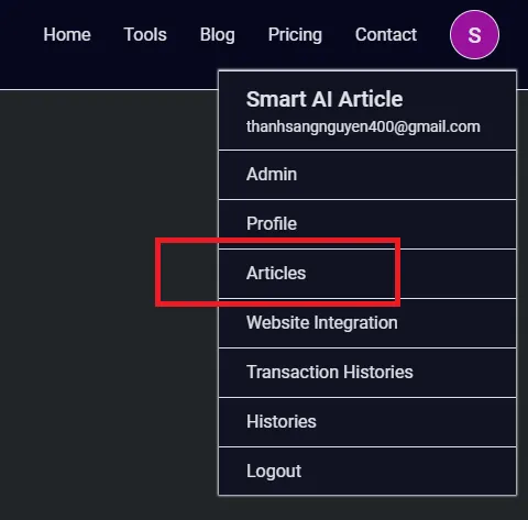 Click Articles In Menu 