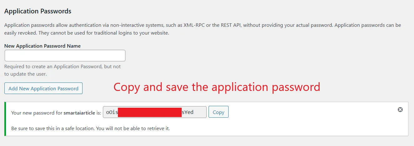 How To Generate An Application Password On A WordPress Site - Copy Password